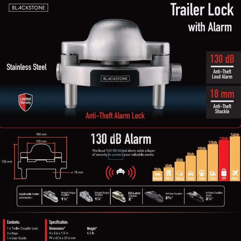 Blackstone Stainless Steel Trailer Coupler Lock – 130dB Alarm - Image 3